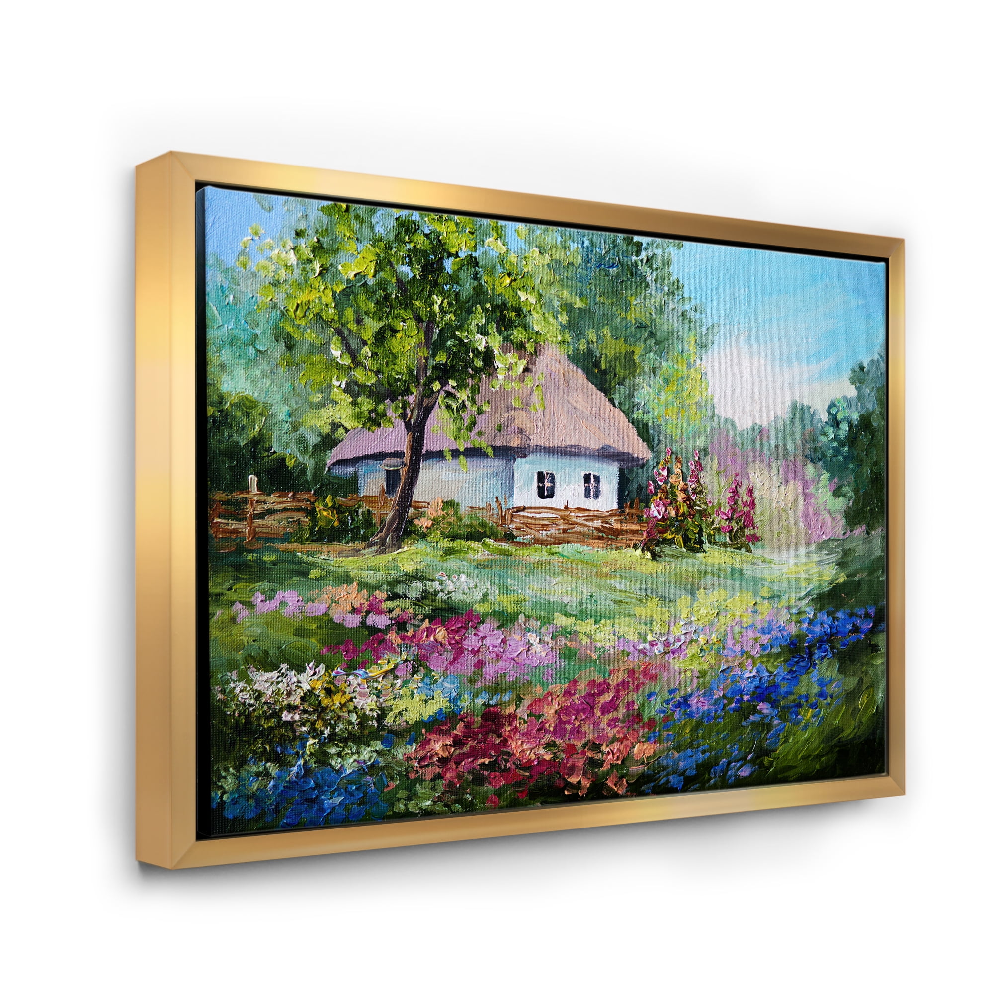 House With Blossoming Flowers On The Mountain I 32 in x 16 in Framed Painting Canvas Art Print, by Designart