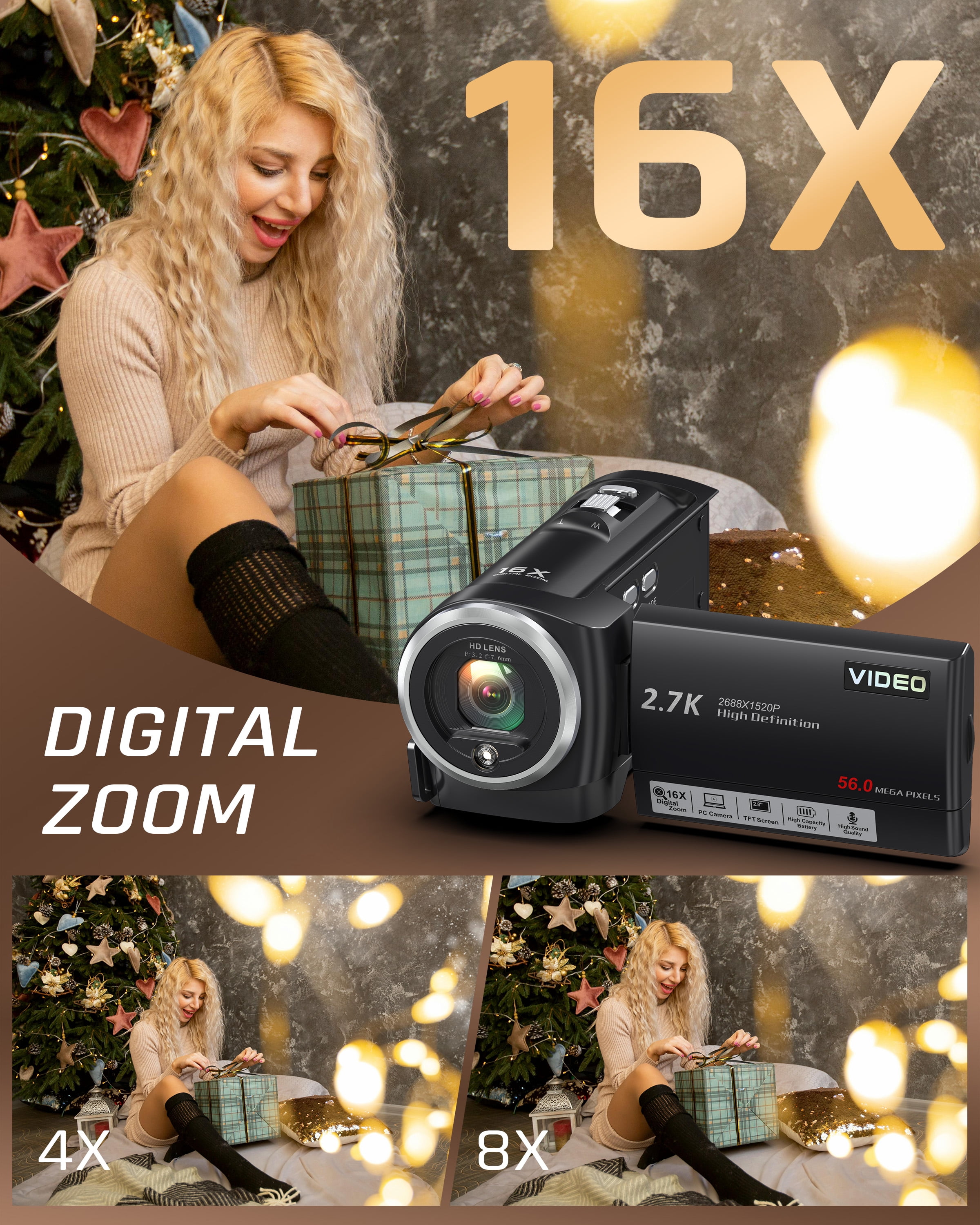Video Camera 2.7K Camcorder 56MP 16X Zoom Vlogging Camera for YouTube