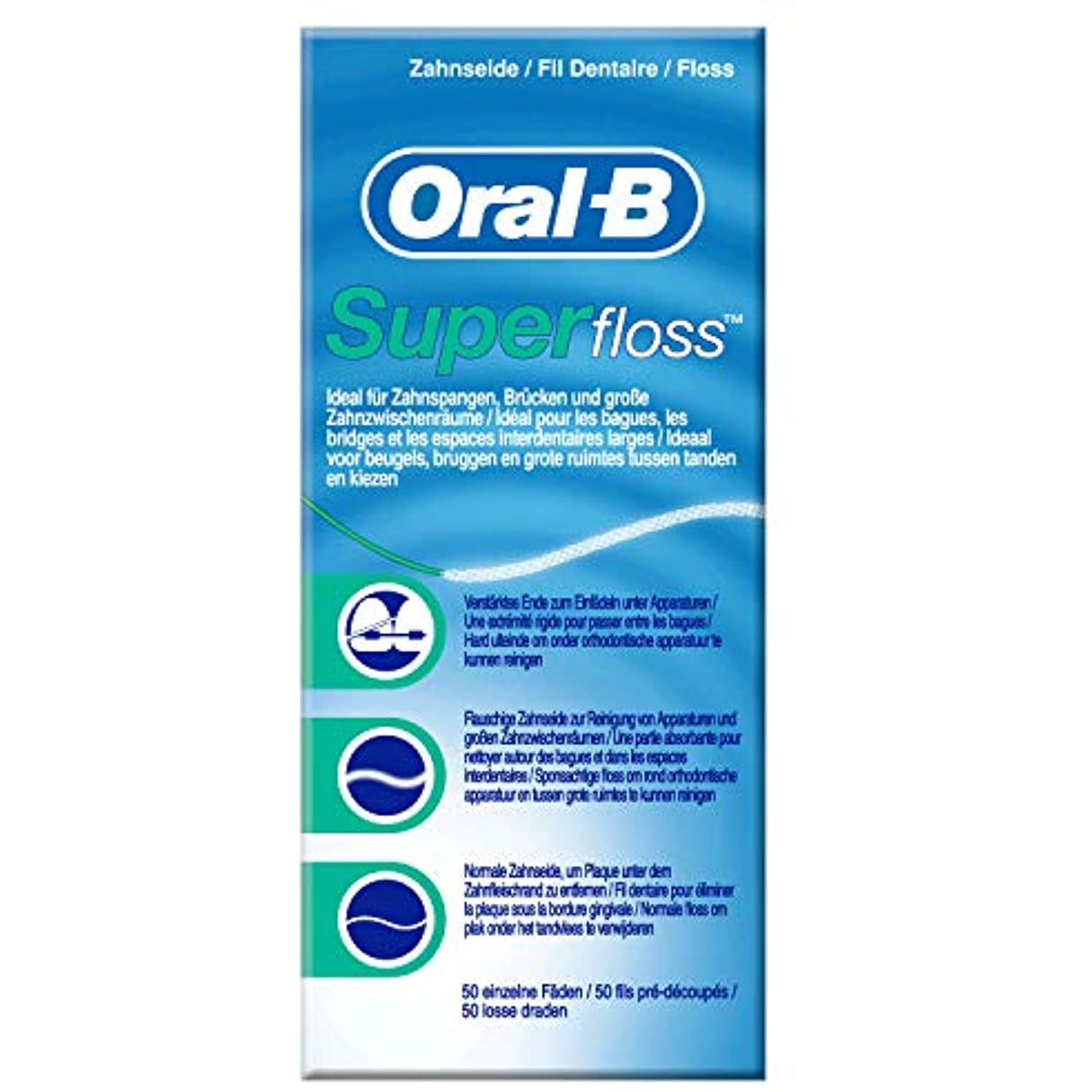 Oral B Dental Super-Floss Braces Wide Spaces 50 Pre -Cut Strands x 3