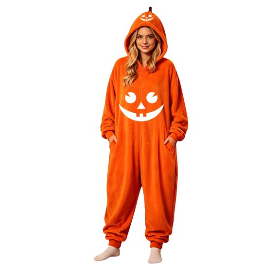 BOOMNY Halloween Unisex Men Womens Flannel Onesie Pajamas Hallowmas Pumpkin Face Graphic Long Sleeve Hooded Pjs Jumpsuit Cozy Warm Loungewear Homewear