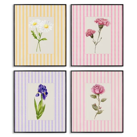 Cottage Stripe Sprigs 4 Piece Black Framed Giclee Art Set, design by Lisa Wehmeyer