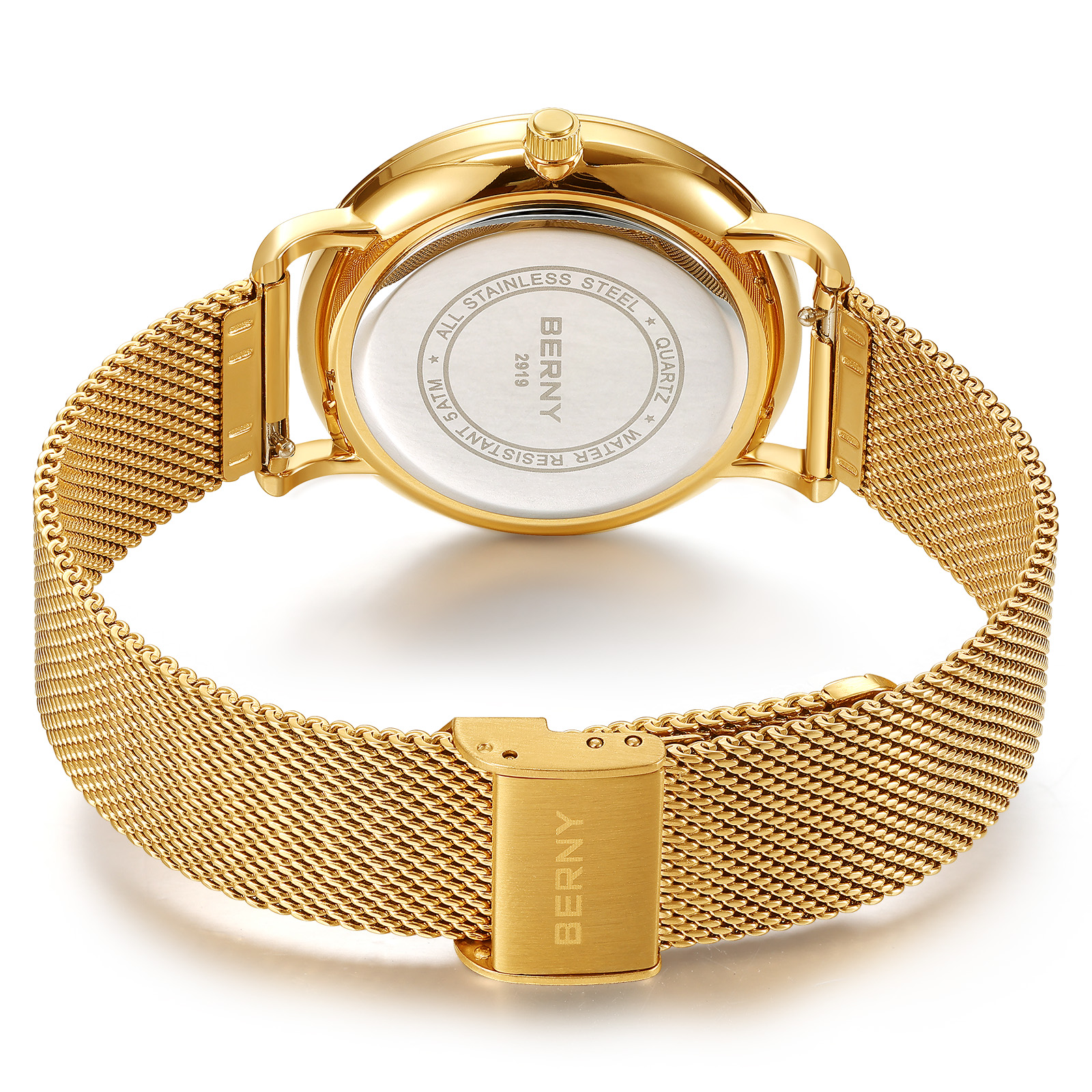 BERNY Quartz Watch for Unisex ( Men and Women), Classic Waterproof Men's Wirstwatch with Multifunctional Dials, Quick Release Stainless Steel Mesh Band, Gold Dial