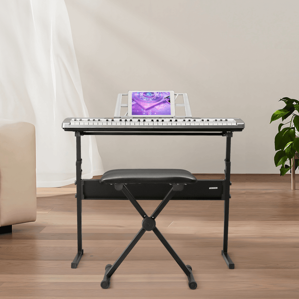 Tcbosik 61 Key Keyboard Piano with Stand, Bench, Music Rest and LED Screen, Built-In Speakers, Headphone, Microphone and 3 Teaching Modes for Beginners Starter, Silver
