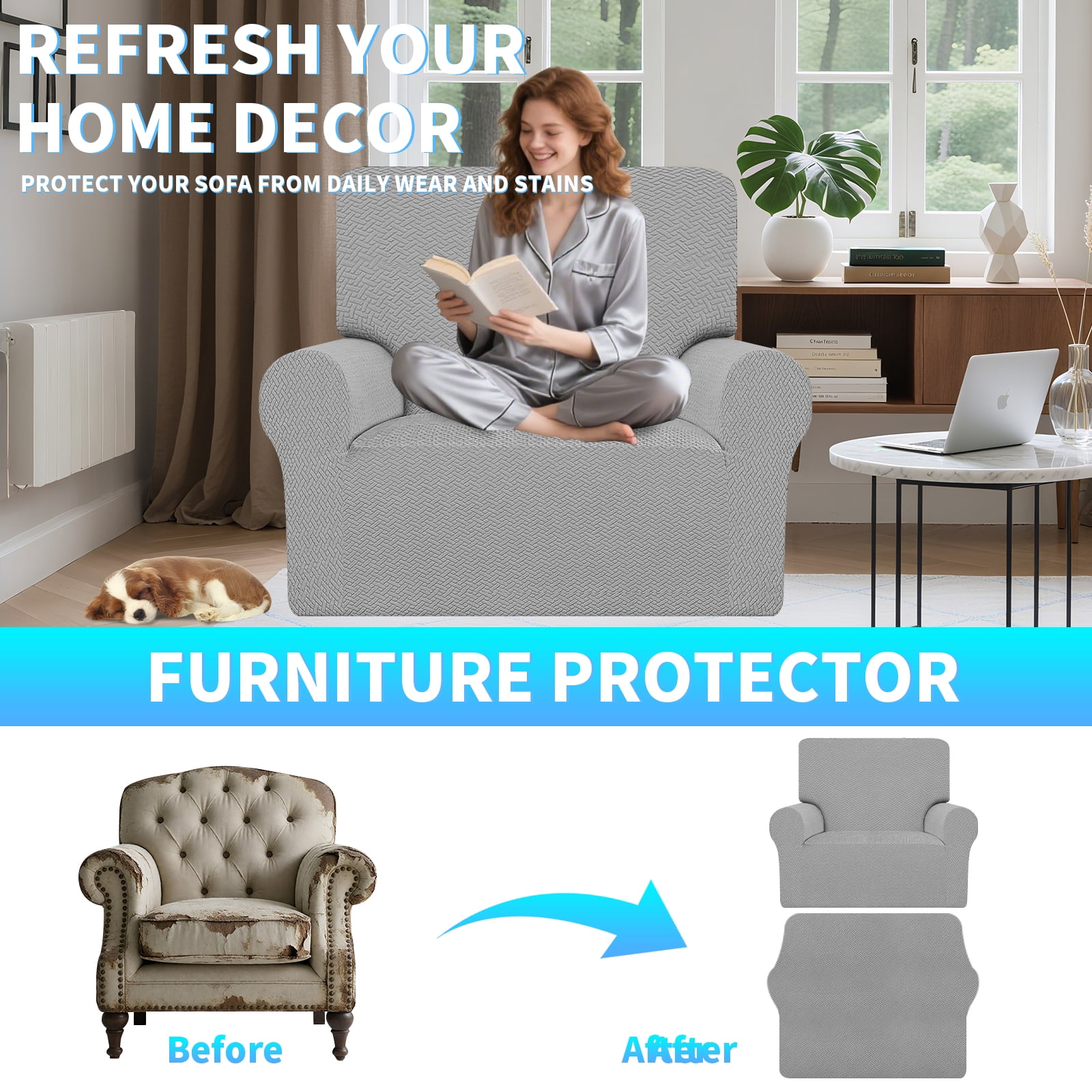 Stretch Single Sofa Slipcover 1 Piece Couch Sofa Cover (35.4"-55") Furniture Protector 1 Seater Sofa with Elastic Bottom for Kids,Pet Dog, Jacquard Pattern, Gray