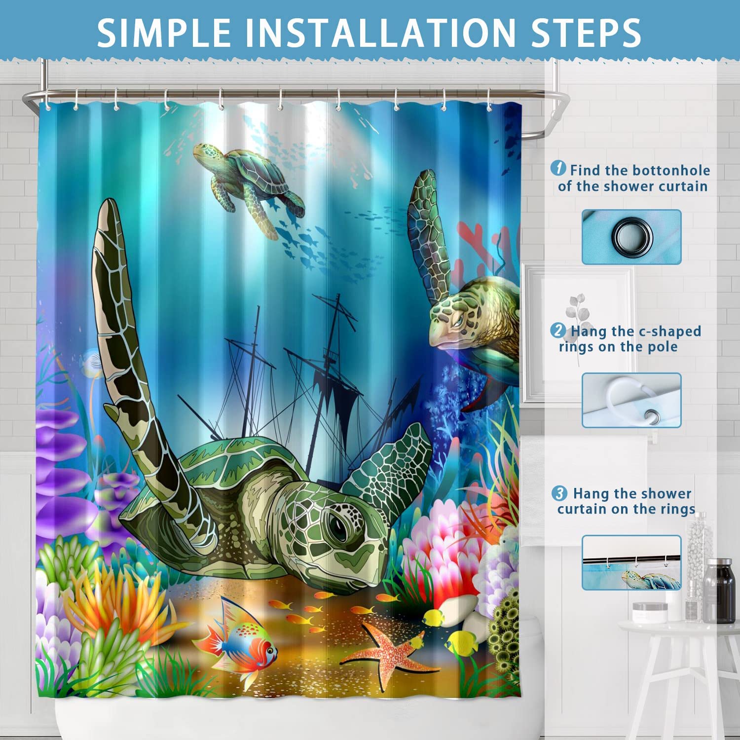 Green Sea Turtles Shower Curtain Sets Bathroom Blue Ocean Beach Home Bathtub Decor with 12 Hooks Washable Durable Polyester Fabric 72"x72"