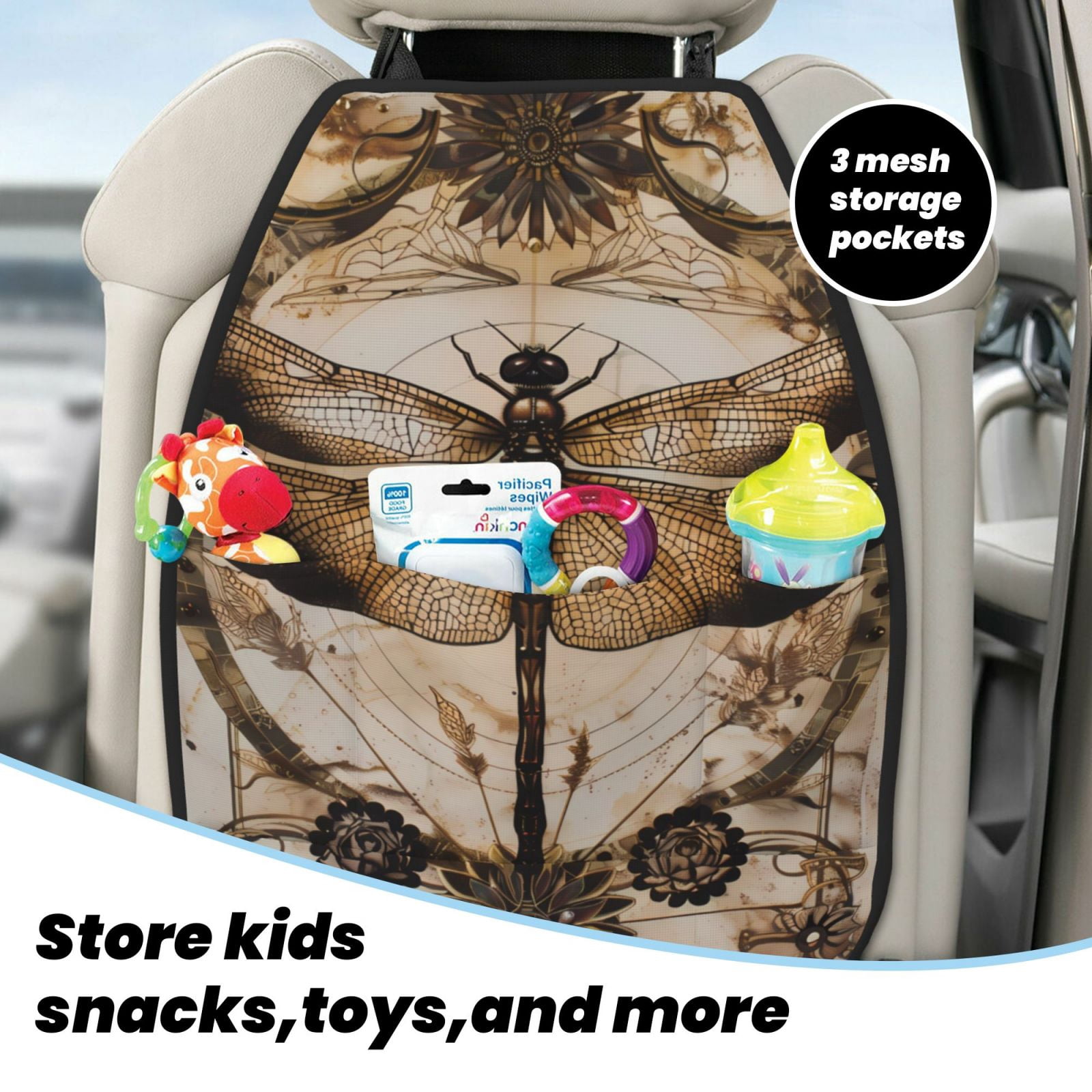 Kdxio Vintage Dragonfly Artwork Print 2 Pack Car Kick Mat Seat Cover Back Protector Mat with Pockets for Organizer Backseat Protector and Storage Anti Kick Pad for Vehicles