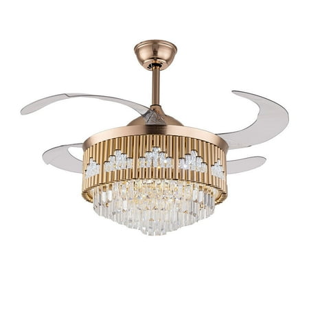 

Oukaning 42 Inch Modern Crystal Ceiling Fan Light Retractable Blades LED Ceiling Fan Chandelier