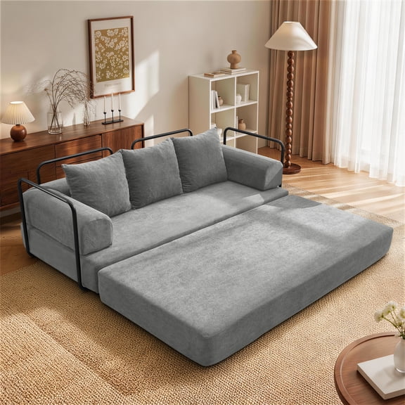 GEEYOO 75.98'' Boneless Convertible Sleeper Sofa Bed with Pillows,Chenille Modular Couch Bed with Fixed-Shape Frame for Living Room,Bedroom,Dark Grey