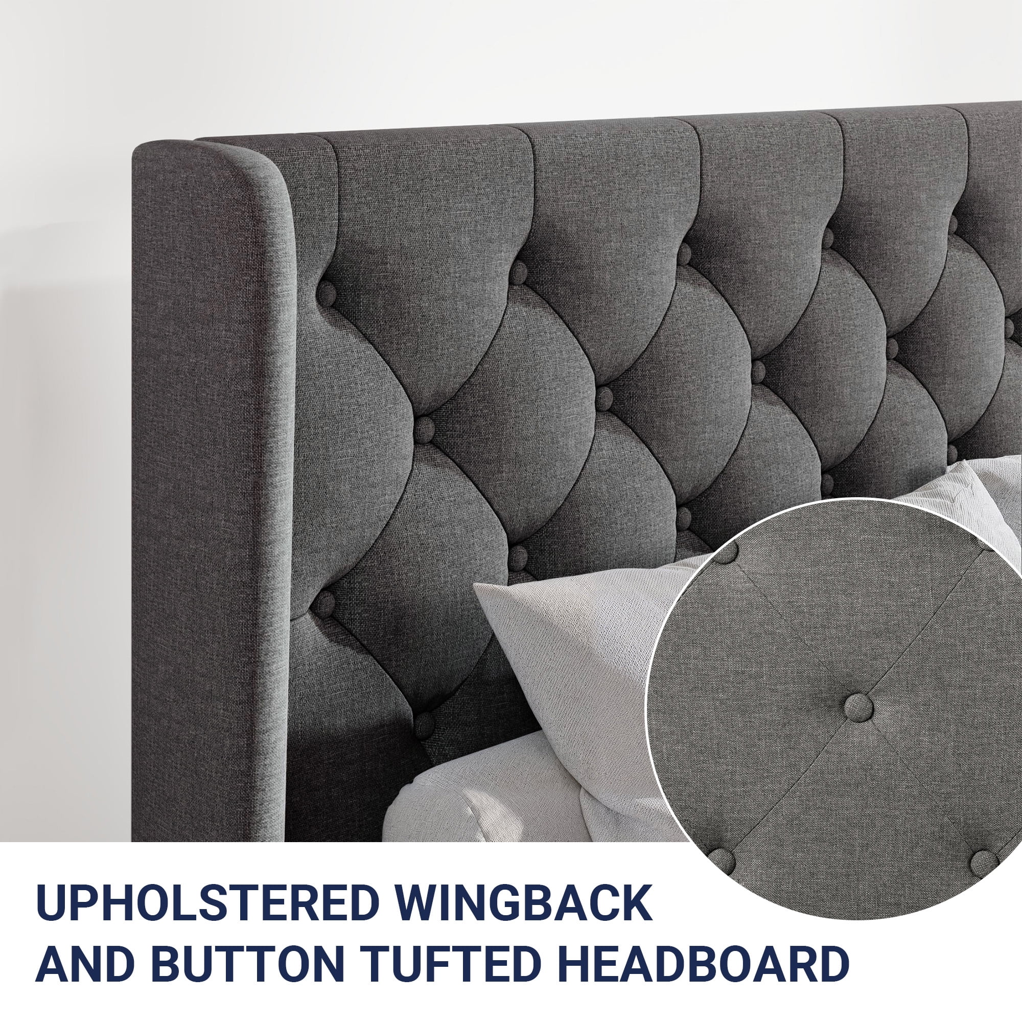 Allewie Full Size Upholstered Platform Bed Frame with Fabric Wingback Button Tufted Headboard, Light Grey