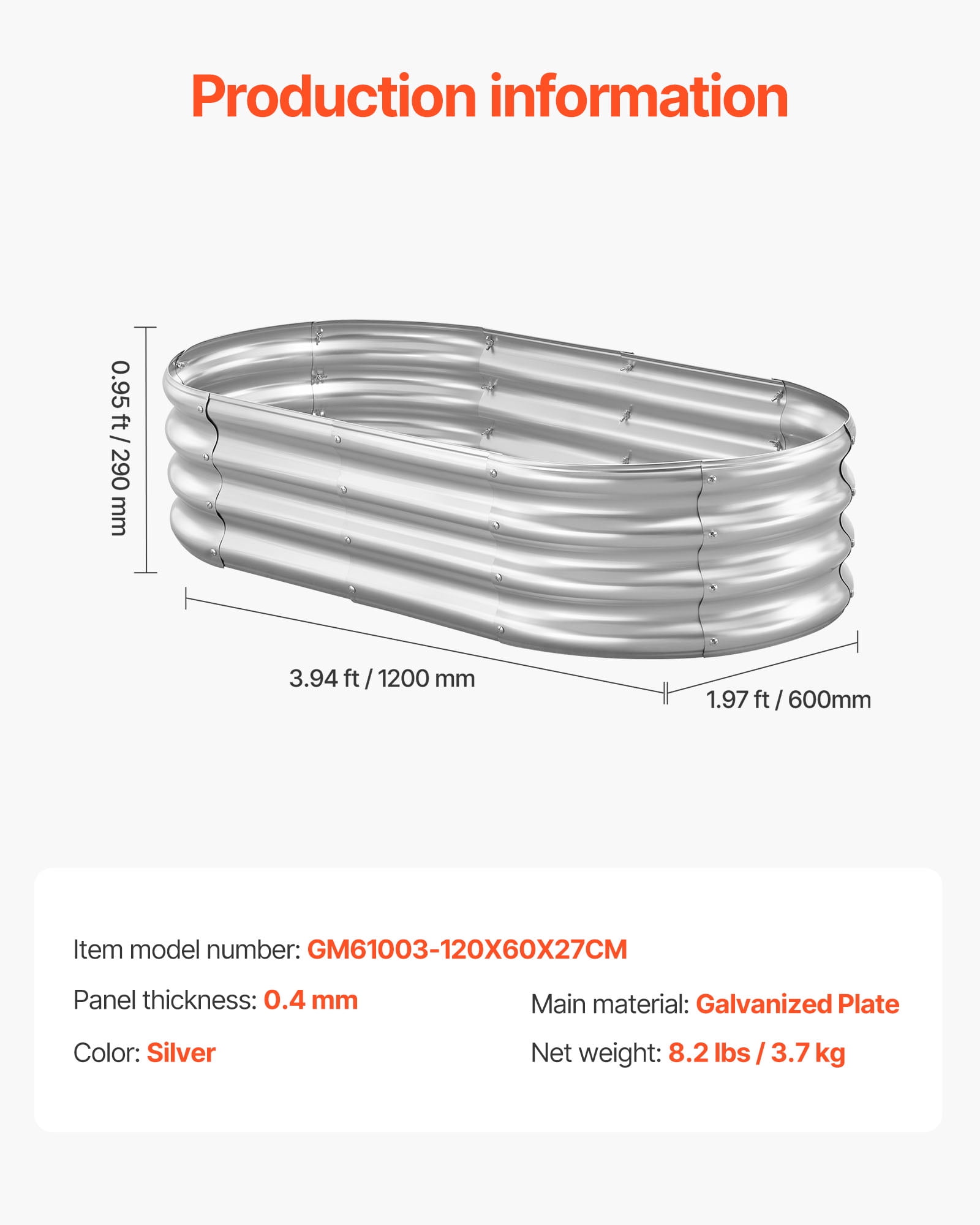 VEVOR Metal Raised Garden Bed, 4 x 2 x 1 ft Oval Outdoor Galvanized Planter Garden Box, Open Bottom Design, Large Planter Raised Bed for Growing Vegetables, Flowers, and Succulents, Galvanized Color