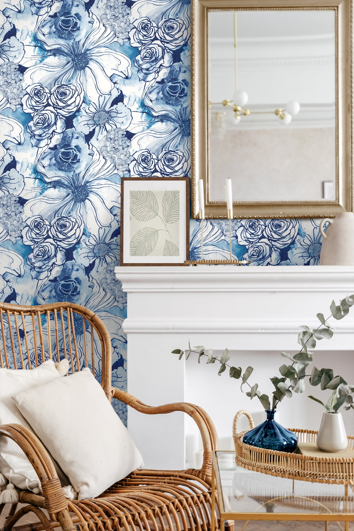 NextWall Harry & Grace Ink Rose Peel and Stick Wallpaper 20.5 in. W x 18 ft. L - Celtic Blue