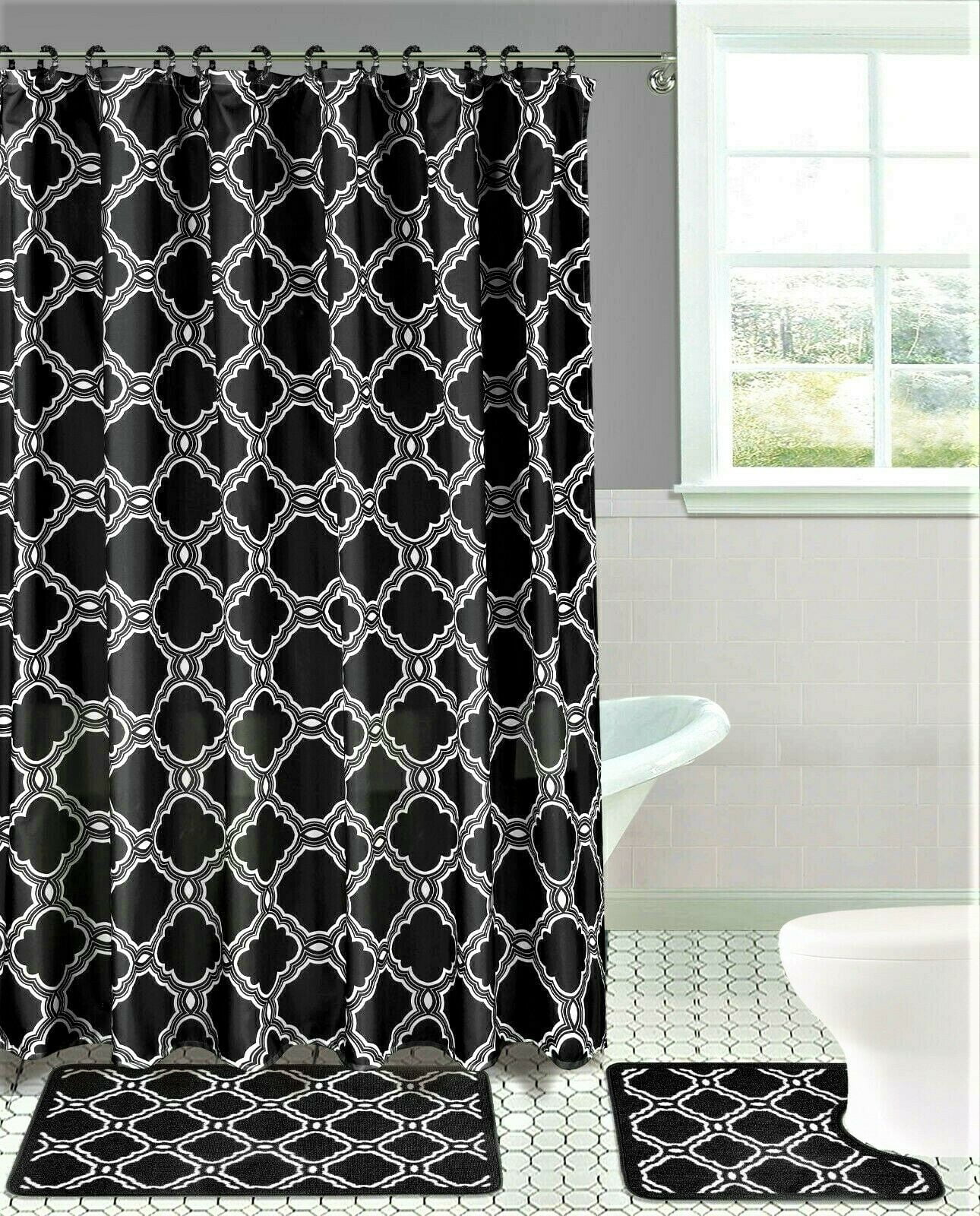 ELEGANT 4PC SET BATHROOM TRELLIS MOROCCO HONEY PATTERN BLACK RUG SOFTY