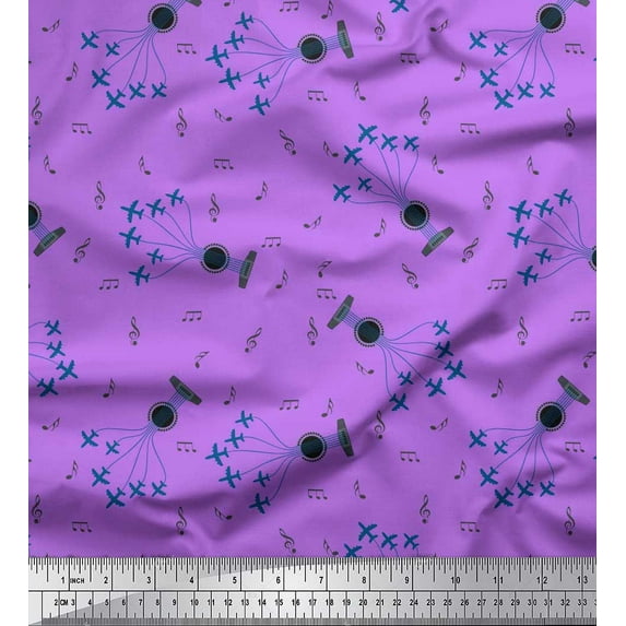 Soimoi Cotton Voile Fabric Airplane,Guitar Wire & Notes Musical Instrument Decor Fabric Printed Yard 56 Inch Wide