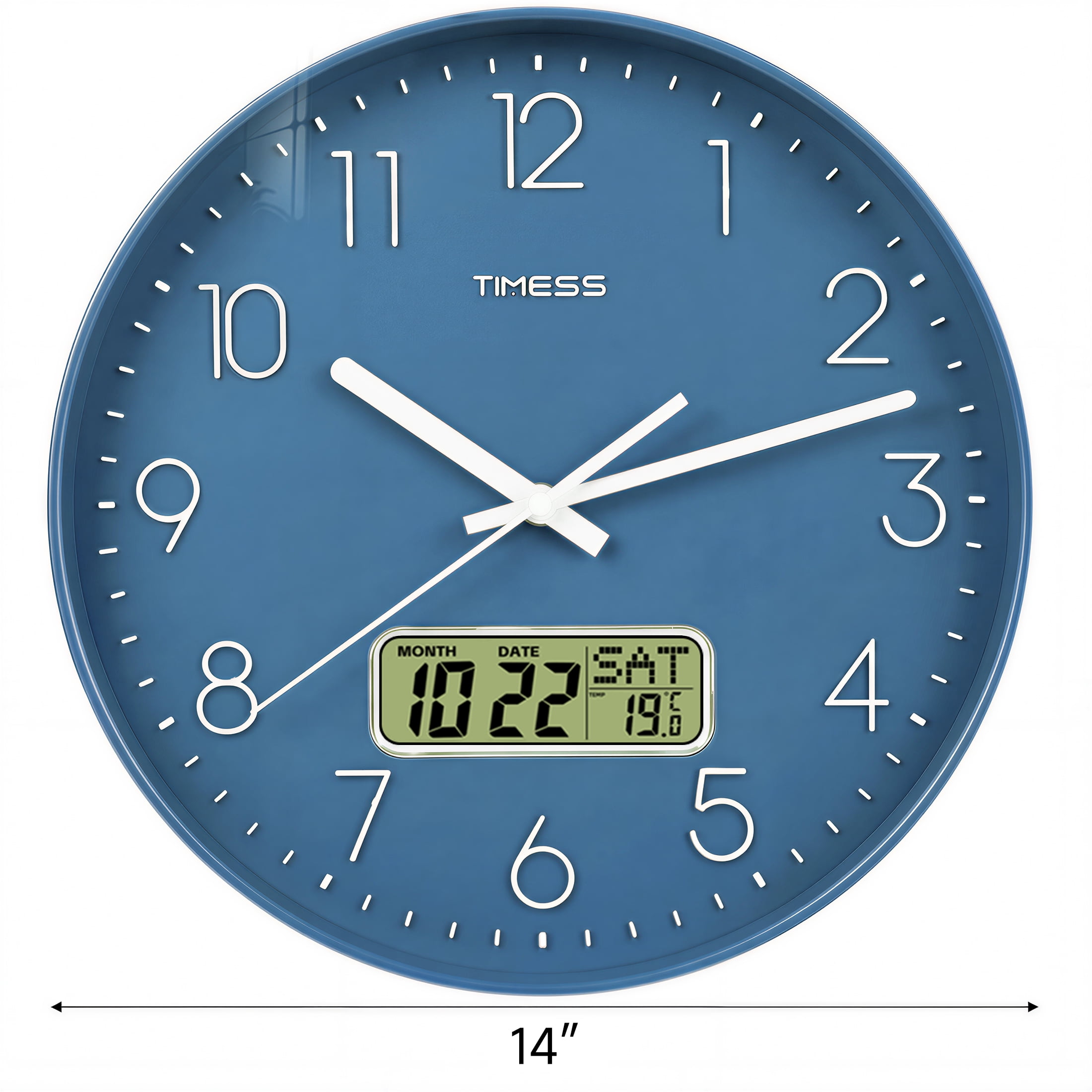 TIMESS 14 Inch Silent Wall Clock with Date Display, Large Easy-Read Numbers, Battery Operated, Modern Home Clock (Blue)