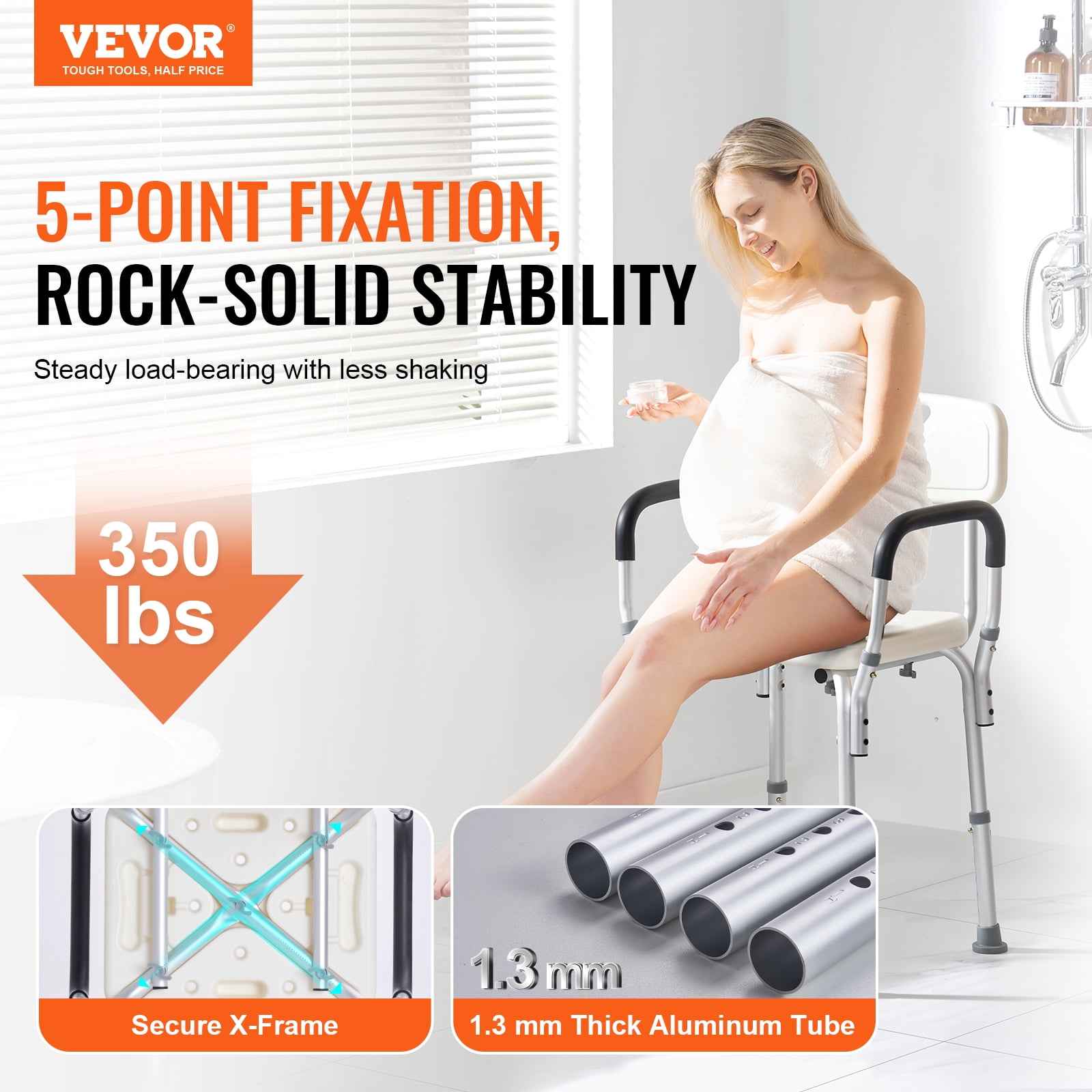 KFFKFF Shower Chair Bath Bench Seat Stool with Back Arms Adjustable Height 350lbs