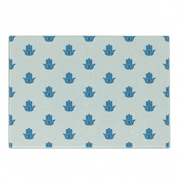 Hamsa Cutting Board, Culture Design Cartoon Palm with Eye Mystic Concept, Decorative Tempered Glass Cutting and Serving Board, Small Size, Dark Blue and Blue, by Ambesonne