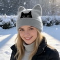 thumbnail image 2 of Cat Embroidered Cute Warm Knit Hat with Cat Ears Winter Slouchy Beanie, 2 of 5