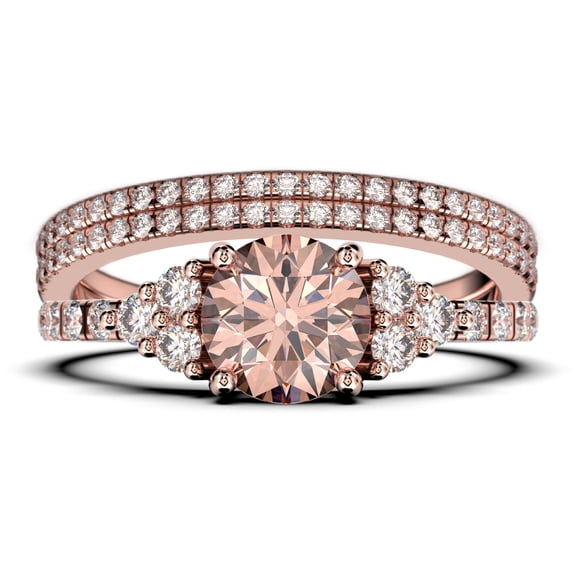 Beautiful Mid-century 2.25 Carat Round Cut Morganite And Diamond Moissanite Engagement Ring, Wedding Ring in 10k Solid Rose Gold, 7 Stone Ring, Promise Ring, Anniversary, Trio Set, Matching Band