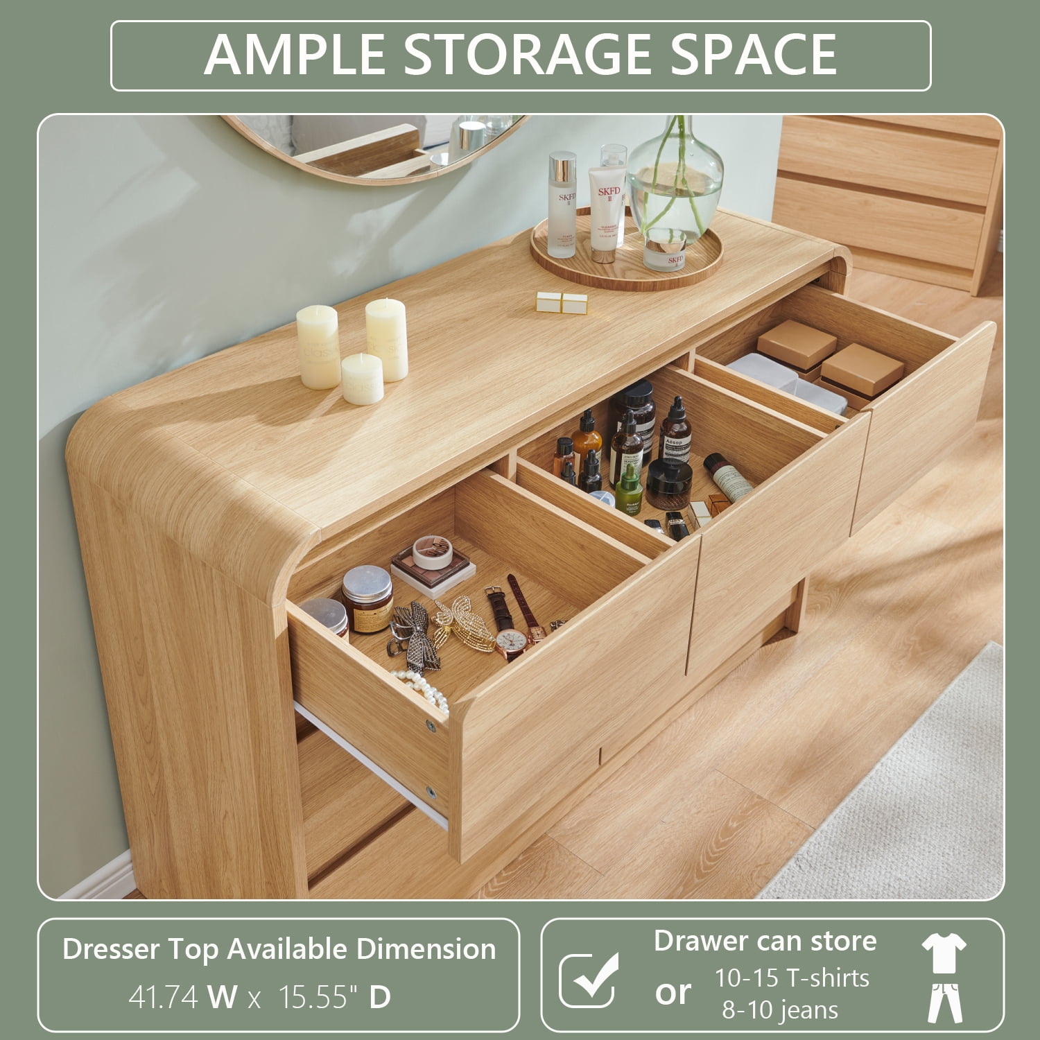 wow97e Modern 7 Drawers Dresser for Bedroom, Mid Century Chests of Drawers w/Curved Profile Design, 47" Wide