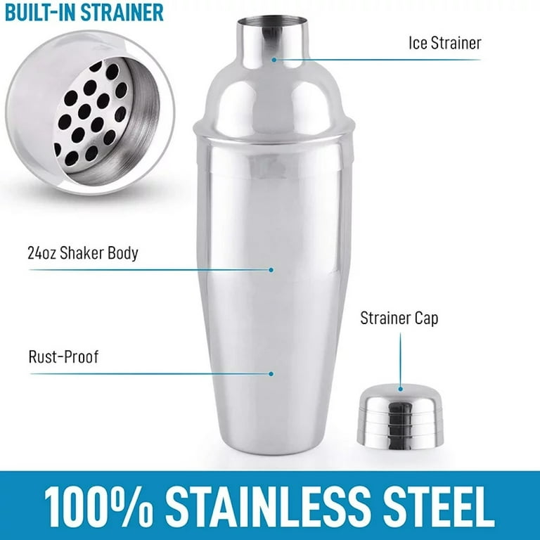 Large 24 oz Stainless Steel Cocktail Shaker Set - Mixed Drink Shaker - Martini  Shaker Set With Built