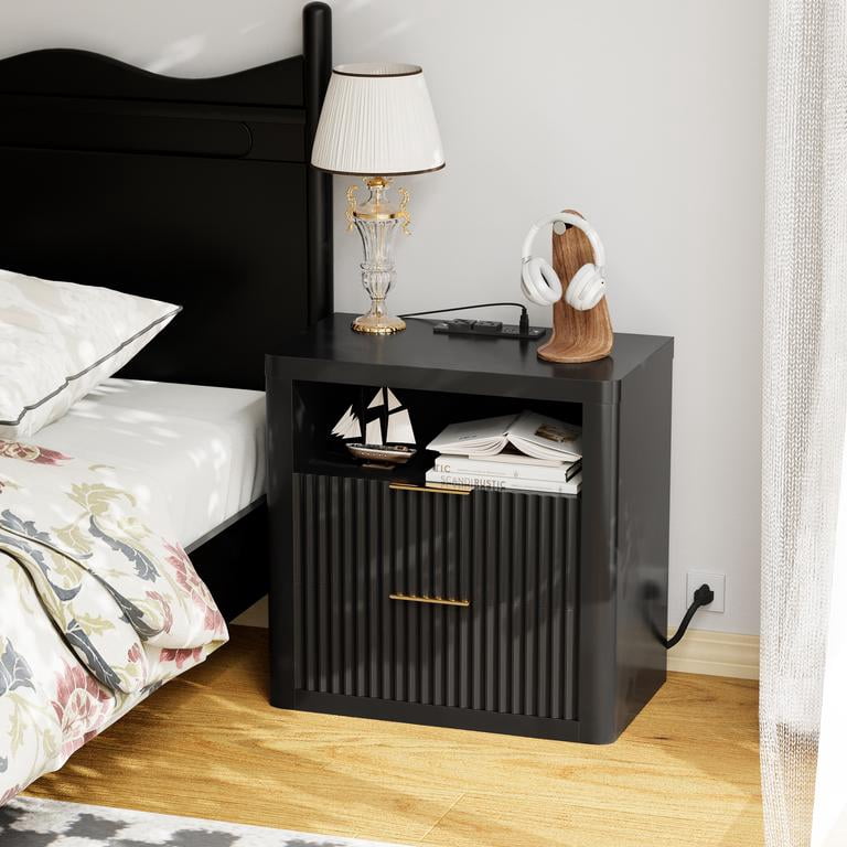 Lacoo End Table with Lights & Power Outlet, Fluted Nightstand with 2 Drawers for Bedroom, Sofa Side End Table for Living Room, Black