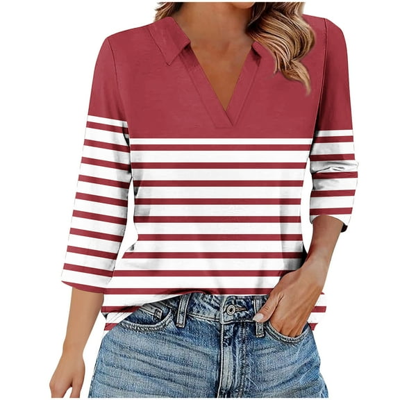 Fall Shirts for Women V Neck Womens Tops Plus Size 3/4 Sleeve Graphic T Shirts for Women Blouse New Arrivals Fashion Gifts