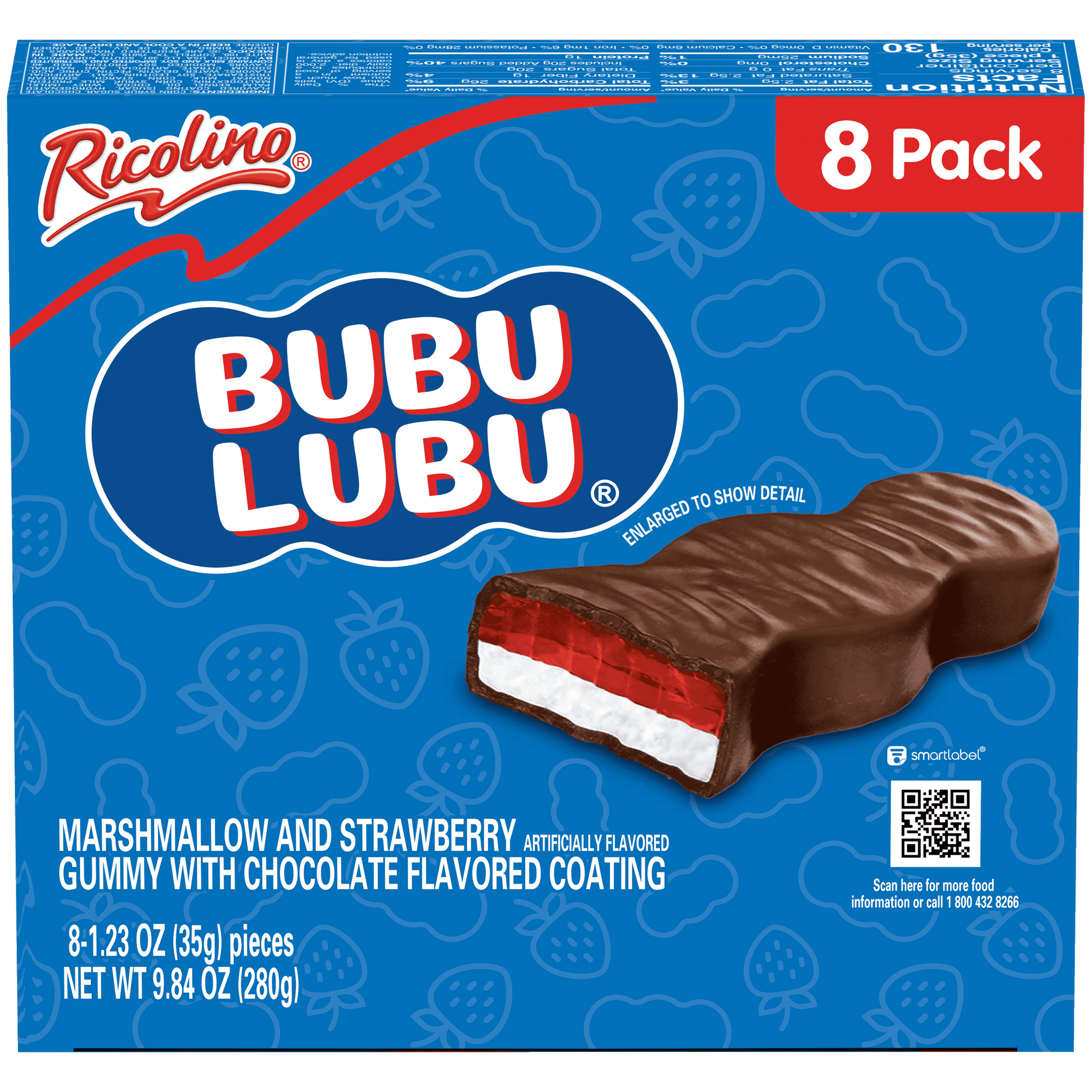 (4 pack) Ricolino Bubulubu Chocolate Strawberry Gummy and Marshmallow Candy, 8 Count Bag
