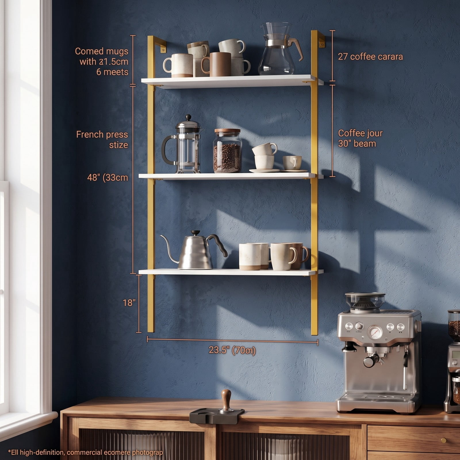 Furnibear 3-Tier Wall Mounted Floating Shelves, Modern Metal Ladder Bookshelf Wood Storage Display Shelving Unit for Kitchen Bathroom Living Room Home, Gold and White
