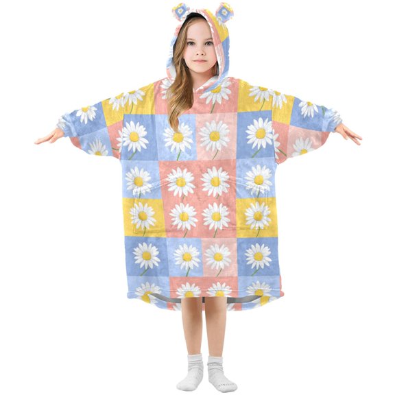 FORMRS Wearable Blanket Hoodie with Sleeves for Kids Cozy Flannel Sweatshirt, Light Blue Daisy