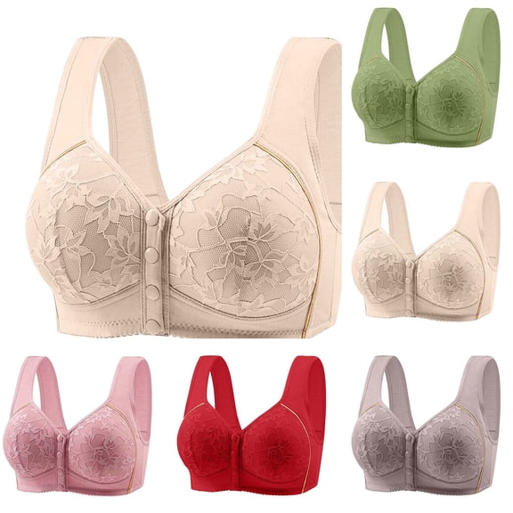 XRoczxe Women Front Closure Lace Bra Wide Shoulder Straps Wire Free Supportive Non Sag Comfort Everyday Underwear Multiple Solid Colors