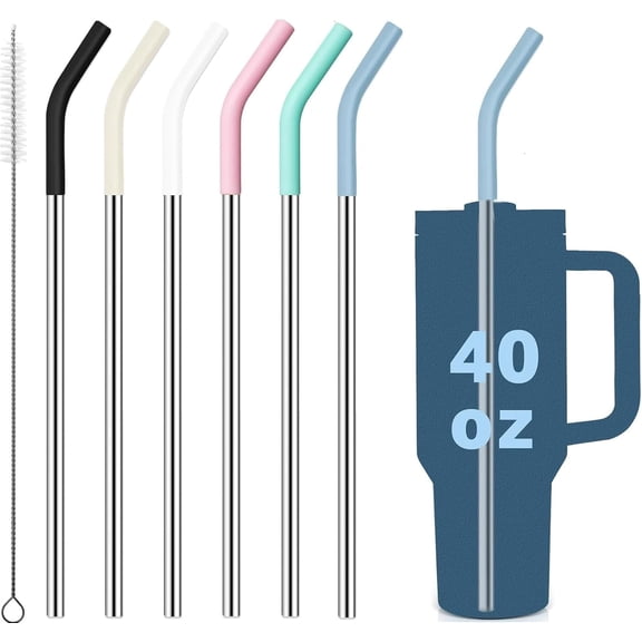 Replacement Straws for 40 oz Tumbler, 6Pcs Reusable Straight Long Stainless Steel Metal Straws with 6 Silicone Tips and 1 Straw Cleaning Brushes