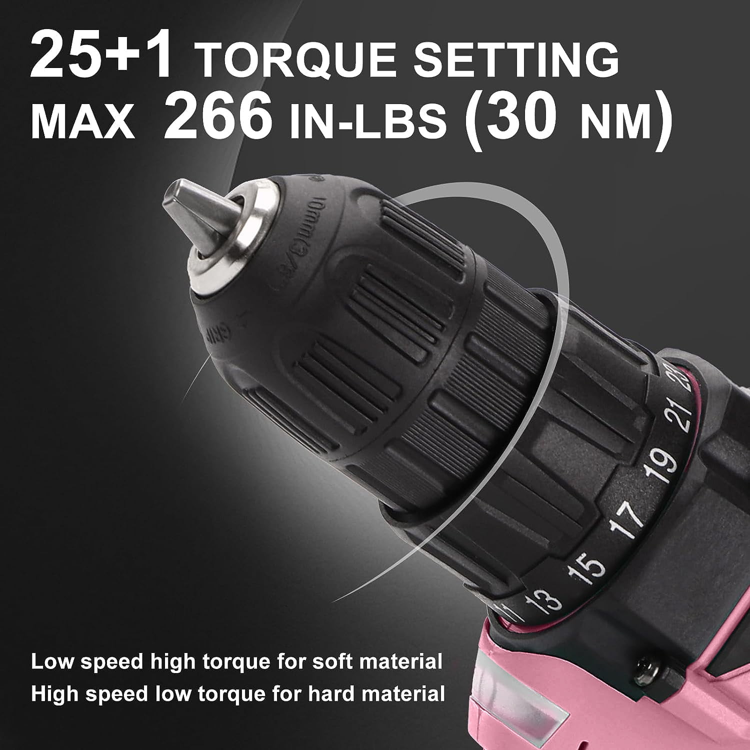 Cshidworld 20V Cordless Power Drill Set, Drill Kit with 1 Lithium-Ion & Charger, 3/8" Keyless Chuck, Electric Drill W/ 2 Variable Speed & LED Light, 25+1 Position and 34pcs Drill/Driver Bits(Pink)