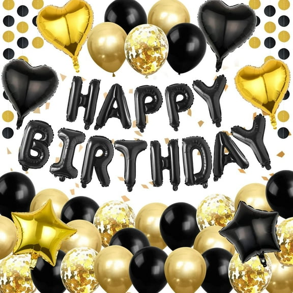 Black Gold Birthday Party Decorations, Happy Birthday Banner, Black Gold Balloons Party Supplies Confetti Balloons for Men Women