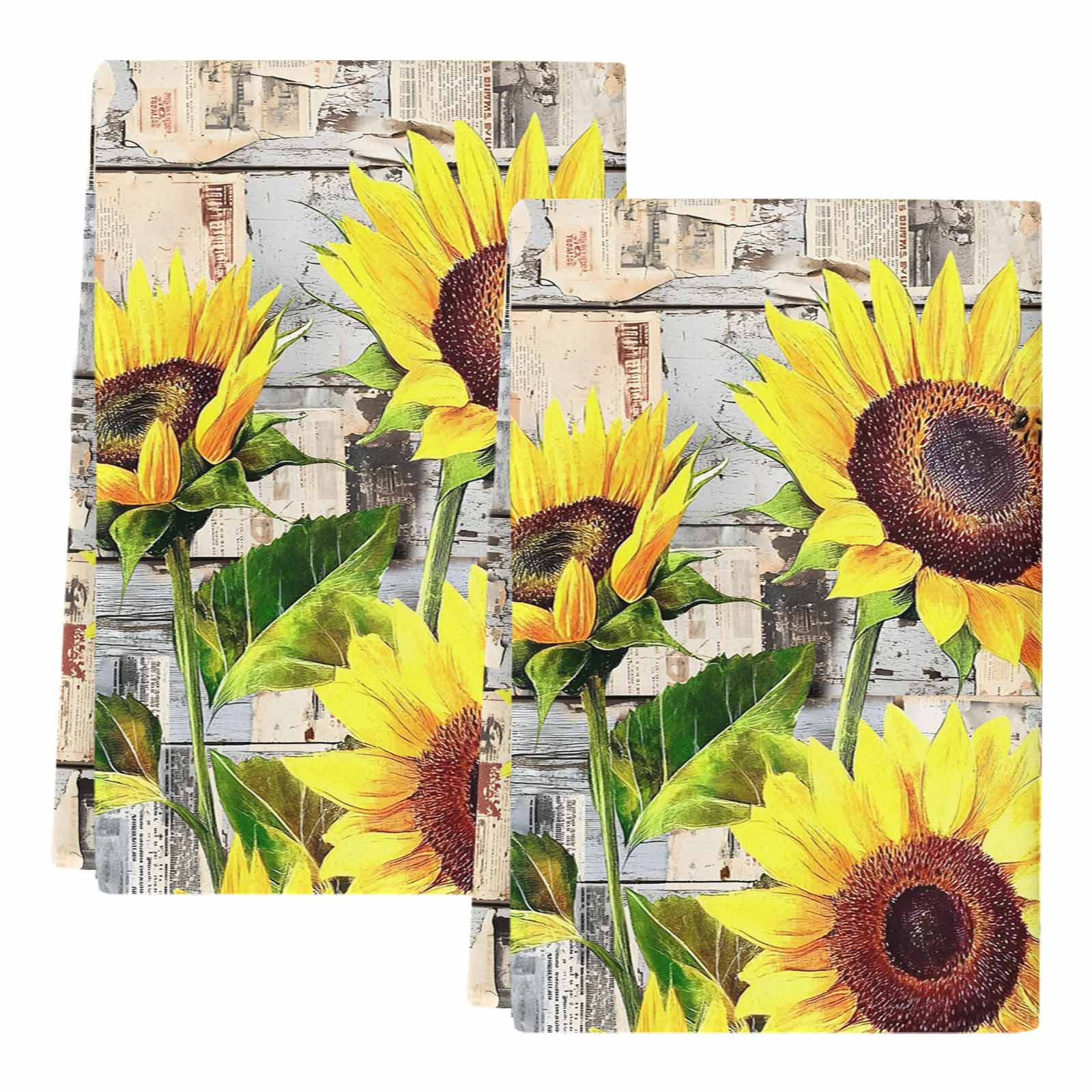 Sunflowers Kitchen Towels Set of 2, Botanical Floral Farmhouse Retro Wood Grain Absorbent Dish Towels for Kitchen, Microfiber Hand Towel, Quick Drying Tea Towel for Cleaning Decorative Dishcloths
