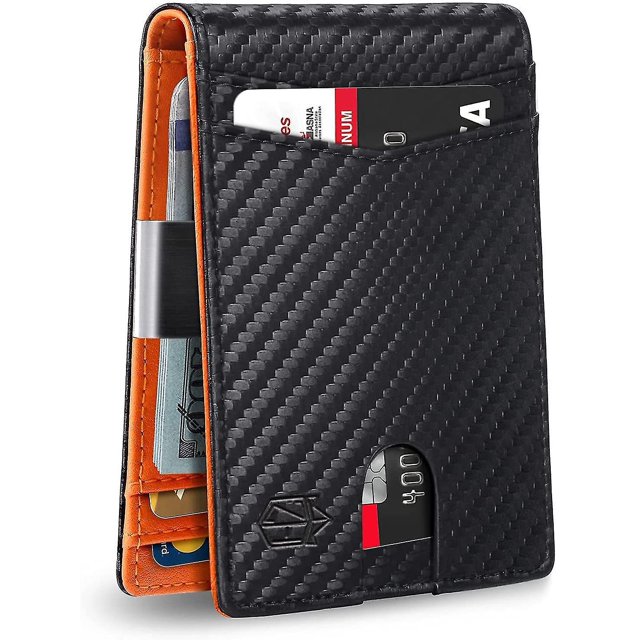 Men's Slim Wallet Large Capacity 12 Slot Rfid Blocking Carbon Fiber Black + Orange