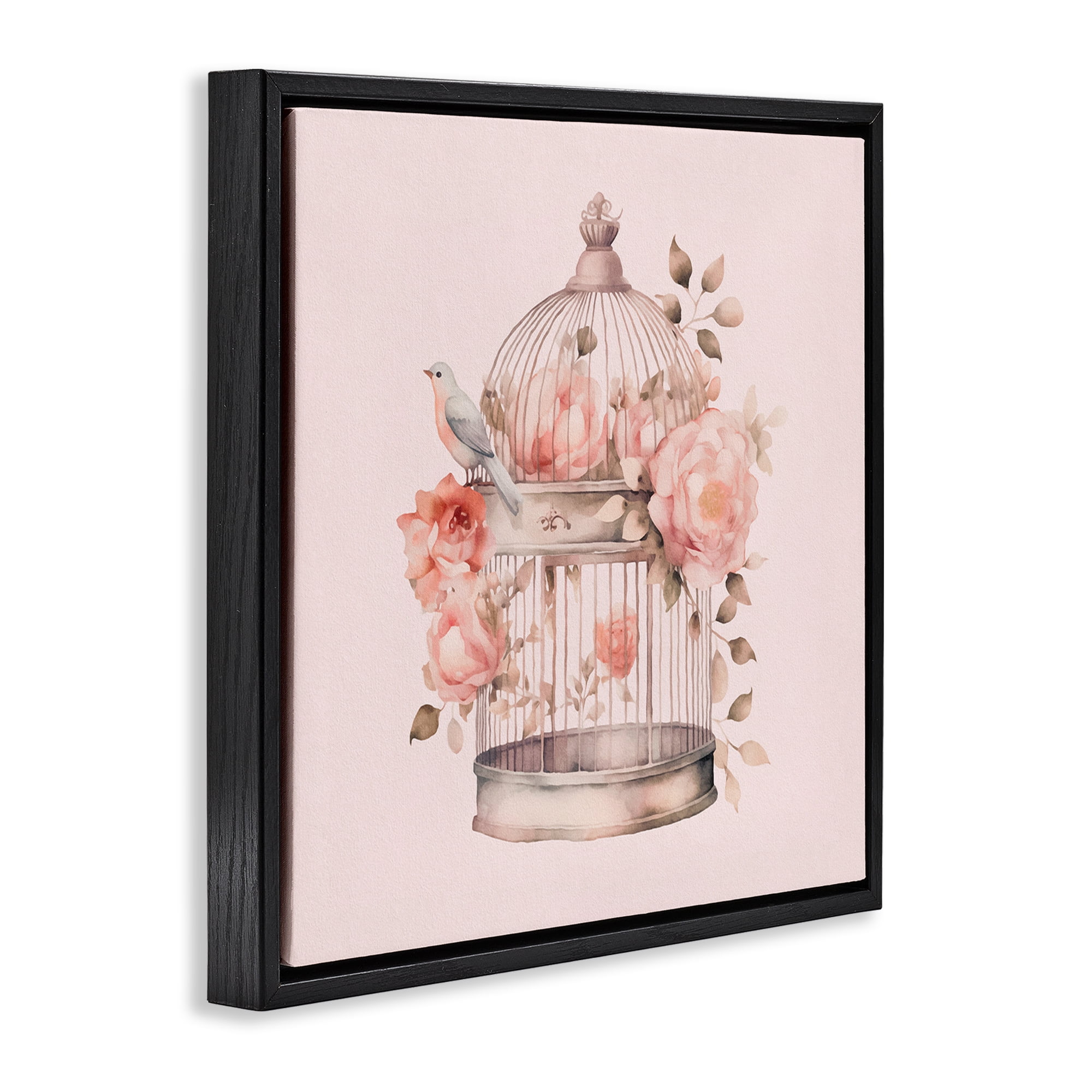 Stupell Industries Bird Cage with Rose Blooms Botanical & Floral Painting Black Floater Framed Canvas Art Print Wall Art, 18 x 18