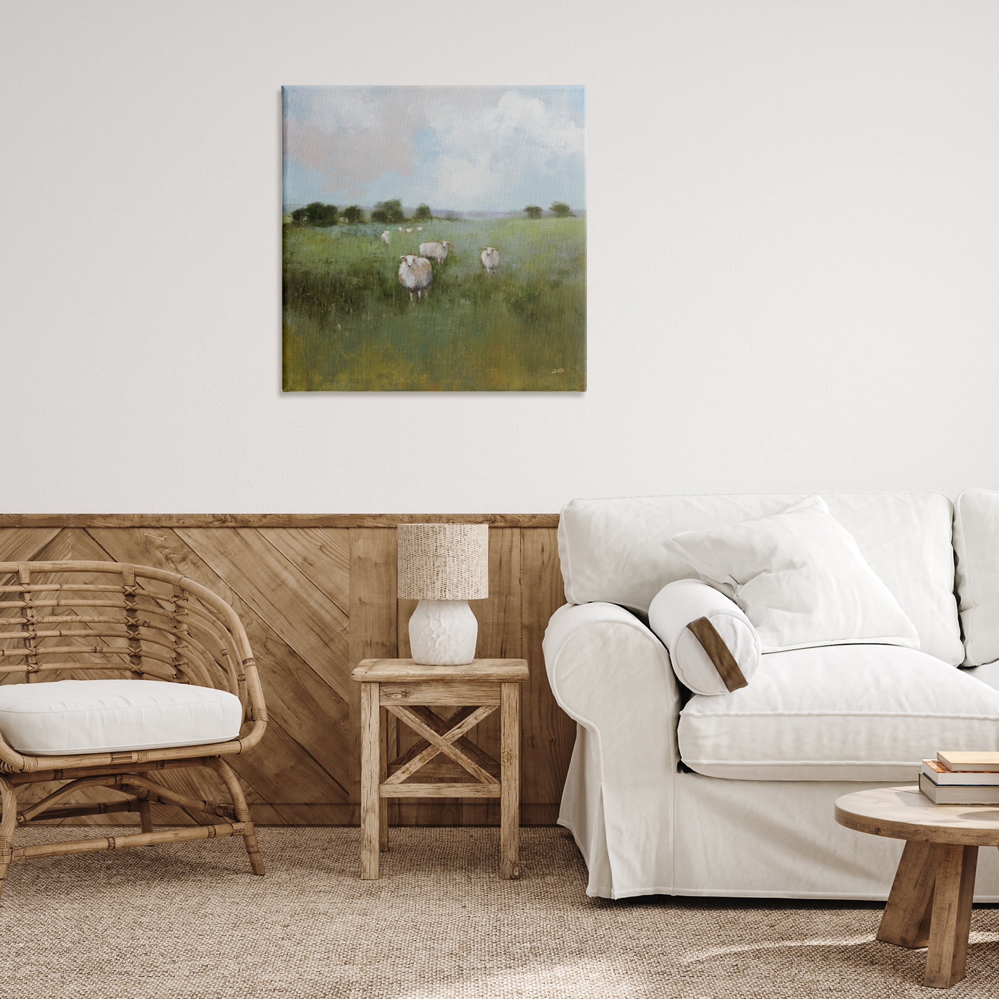 Stupell Industries Quiet Pasture with Sheep Landscape & Nature Painting Wrapped Canvas Art Print Wall Art, 30 x 30