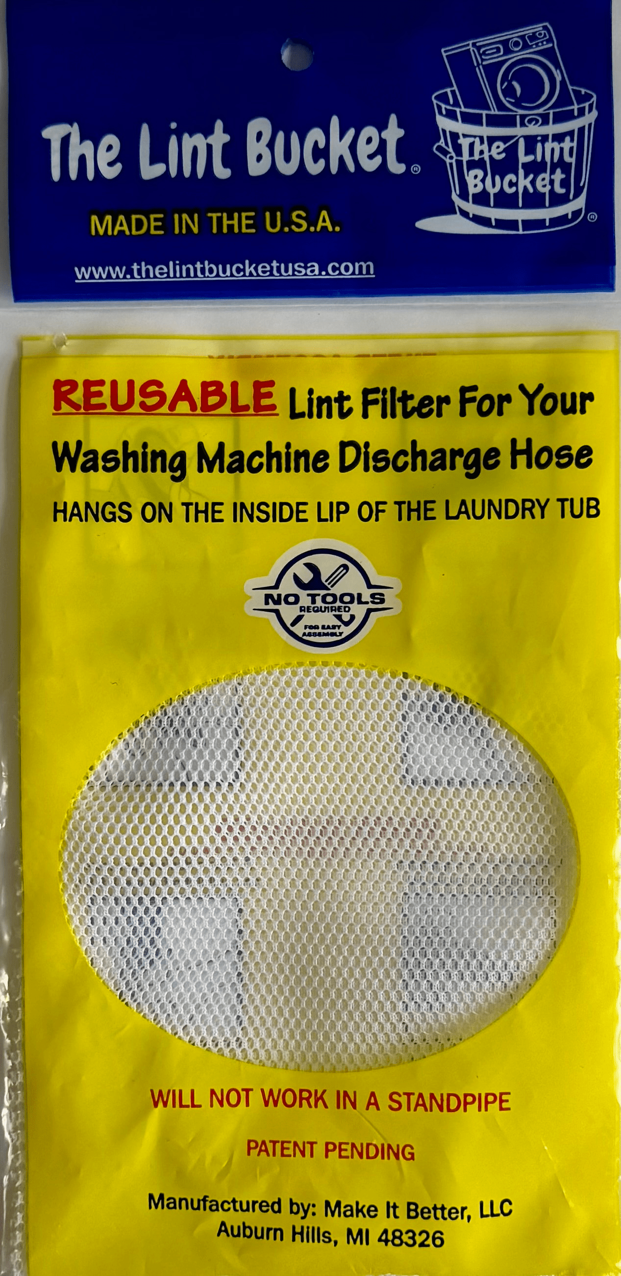 The Lint Bucket – Reusable Laundry Lint Trap for Washing Machine Discharge Hose, Easy Install, Overflow Protection, Made in USA