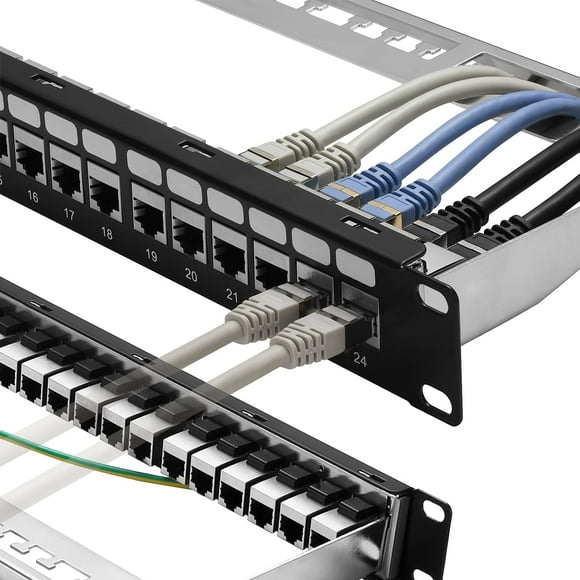 Rapink Patch Panel 24 Port Cat6A with Inline Keystone 10G Support, Coupler Patch Panel STP Shielded 19-Inch with Removable Back Bar, 1U Network Panel