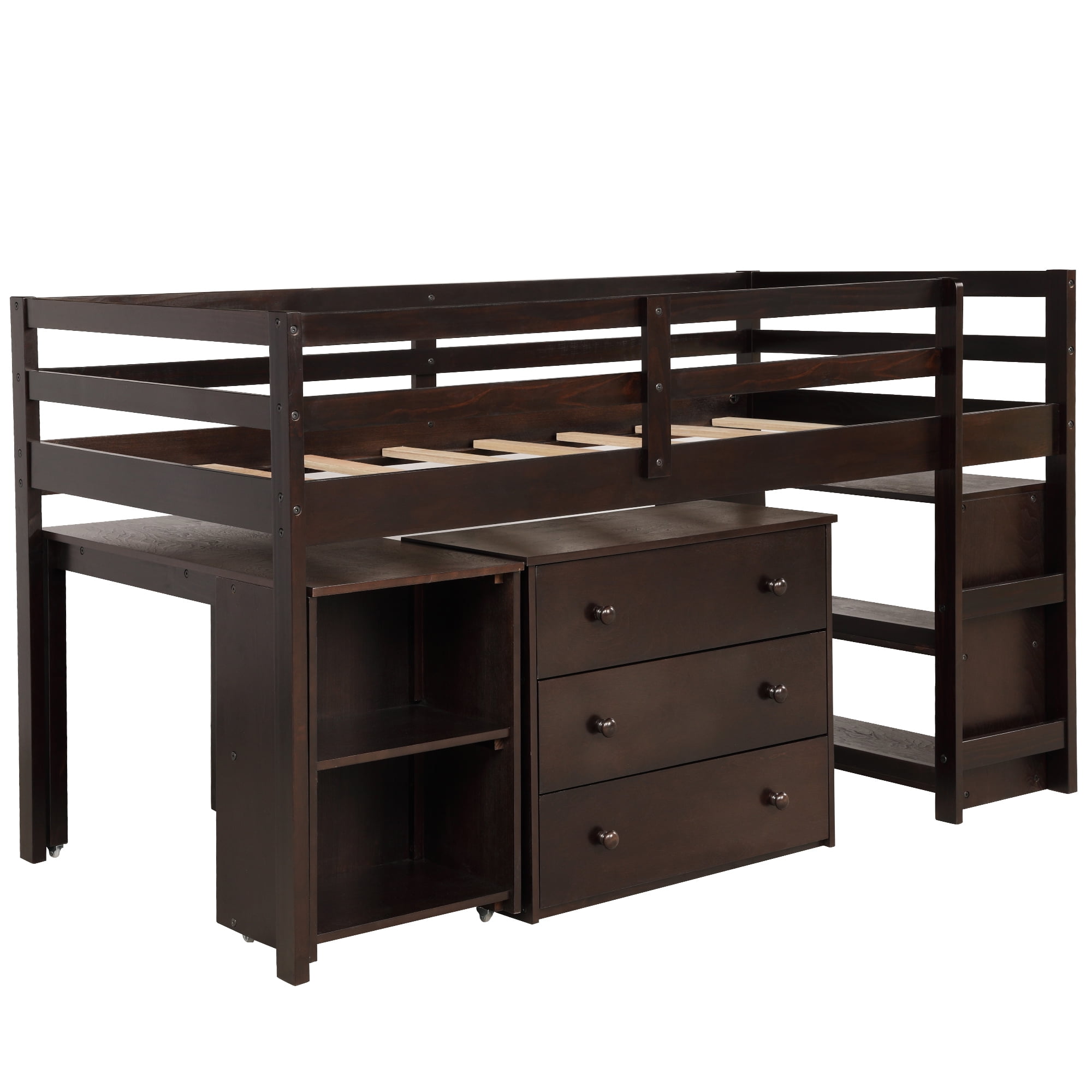 Kepooman Twin Size Low Study Loft Bed with Cabinet & Rolling Desk for Bedroom, Espresso Kepooman Twin Size Low Study Loft Bed with Cabinet & Rolling Desk for Bedroom, Espresso