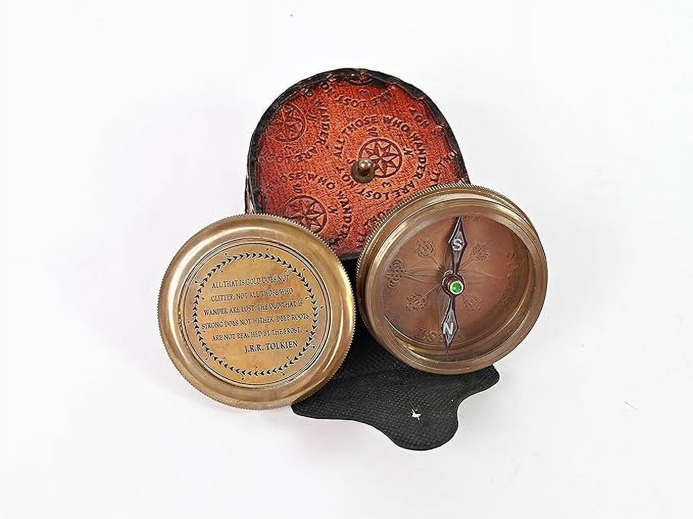 Indian Nautical Instruments Not All Those Who Wander are Lost Brass Gift Engraved Compass with Leather case, Graduation Day Baptism Communion Confirmation Day Motivational LOTR J.R.R. Tolkien