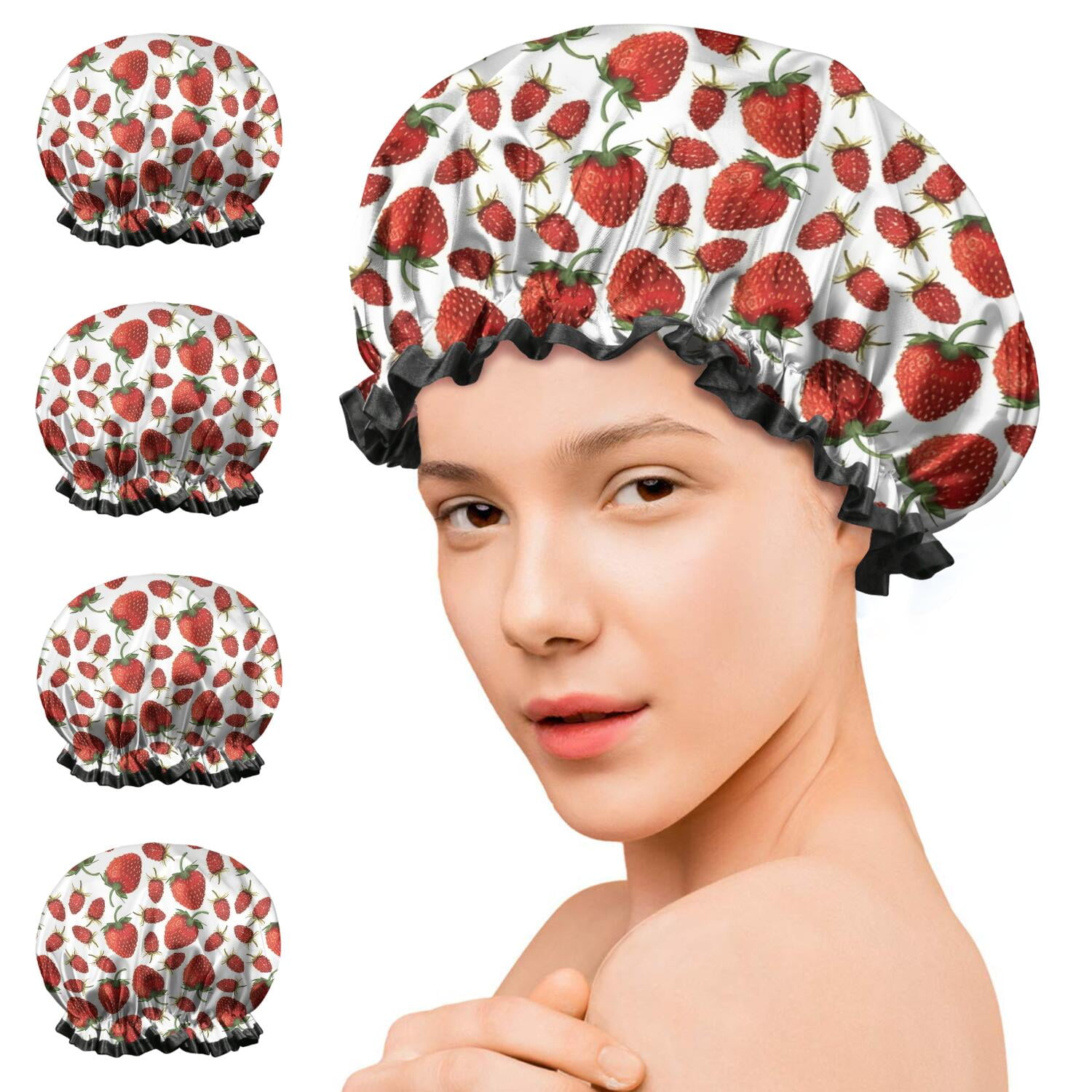 Shower Caps,Red Strawberry Plants Fruit White Pattern Waterproof Shower Cap for Women 4 Pieces,Double Reusable Hair Cover for Shower PEVA Elastic Stretch Hem