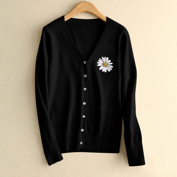 NTACZA Flower Print Fall Sweaters for Women Black Button Up V Neck Sweater Cardigan Stretch Cute Jacket Women Jumpers L