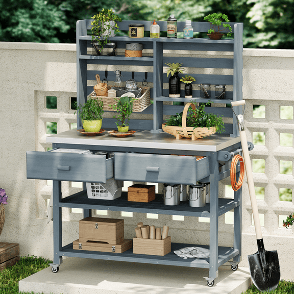 64.9"H Moveable Outdoor Kitchen Island with Stainless Steel Top, Garden Tool Organiser with Hooks, Adjustable Shelves, Drawers, Outdoor Storage for Grilling, Lawn, Garden, Grey Blue