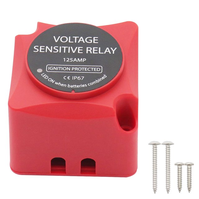 12V 125AMP Voltage Sensitive Relay (VSR) Dual Battery Automatic Charging Relay Dual Smart Battery Isolator Fully Automatic with Emergency Override Ideal for ATVs, UTVs, RVs, Trucks, and Boats