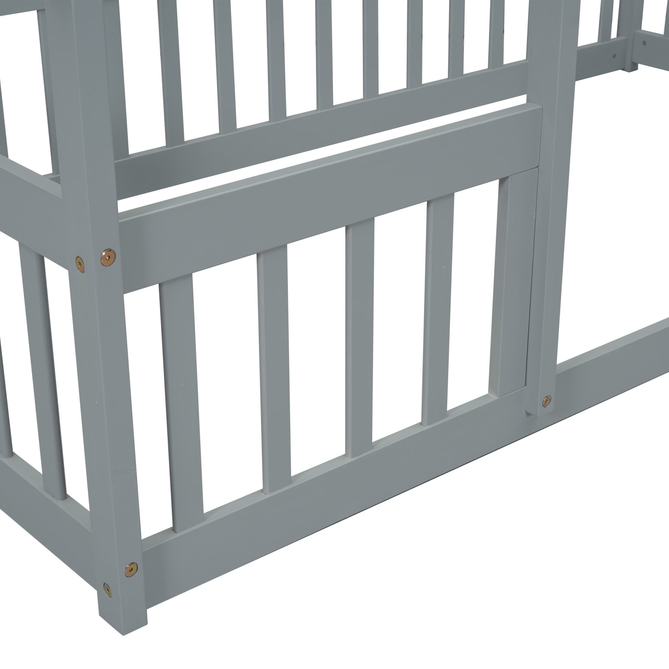 Noble House May Twin Floor Bed with House-Shaped Roof Frame and Fence Guardrails, Solid Pine Wood Frame, Grey