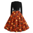 thumbnail image 6 of Women's Halloween Dress Bat Ghost Crew Neck Cocktail 1950s Classic Dresses Long Sleeve Hepburn Retro Vintage Dress with Belt 5XL, 6 of 6