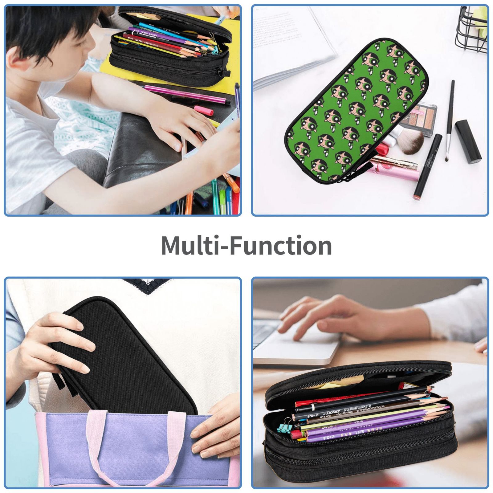 The Powerpuff Gi-rls Pencil Case Large Capacity Pencil Pouch Penbag Office Stationery Organizer Travel Makeup Bag Black