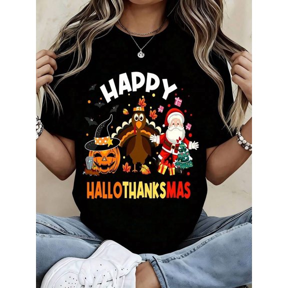 Women's Shirt Happy Turkey Santa Pumpkin Print Graphic Tee Casual Fall Winter Holiday Gift For Friends Family