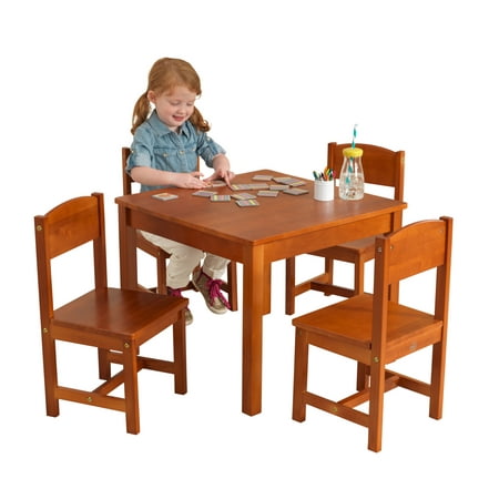 KidKraft Wooden Farmhouse Table & 4 Chairs Set, Childrens Furniture for Arts and Activity – Pecan